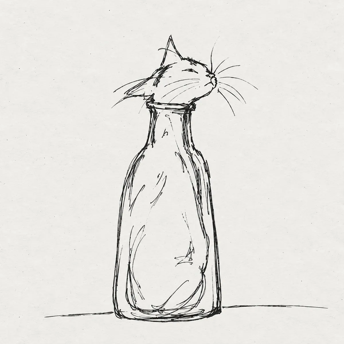 Sketch of a cat squeezing out of a glass bottle